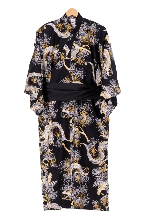 Black obi belt with XL black dragon men's yukata kimono robe