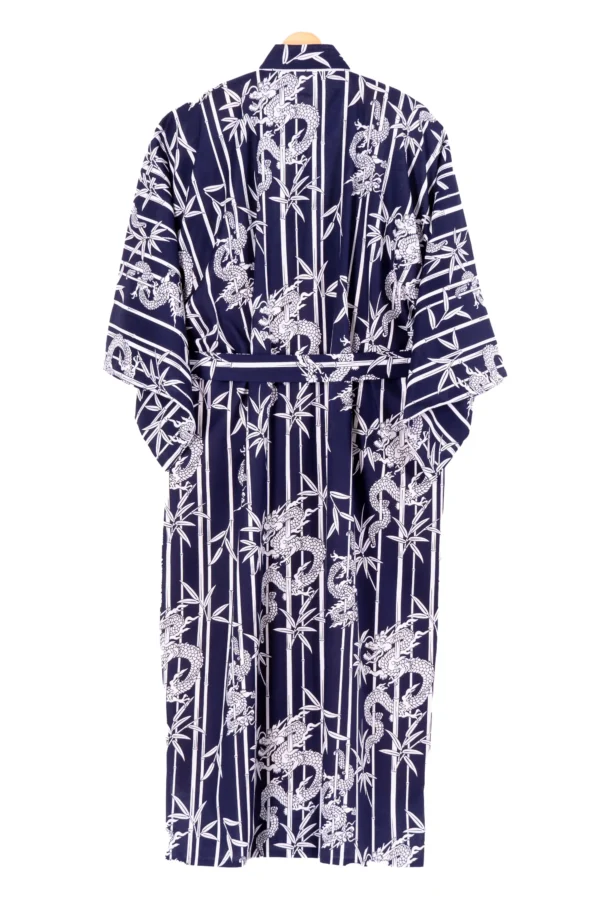 Back view of navy bamboo and dragon yukata kimono robe XL