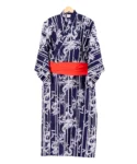 Red obi belt with navy bamboo and dragon yukata kimono robe XL