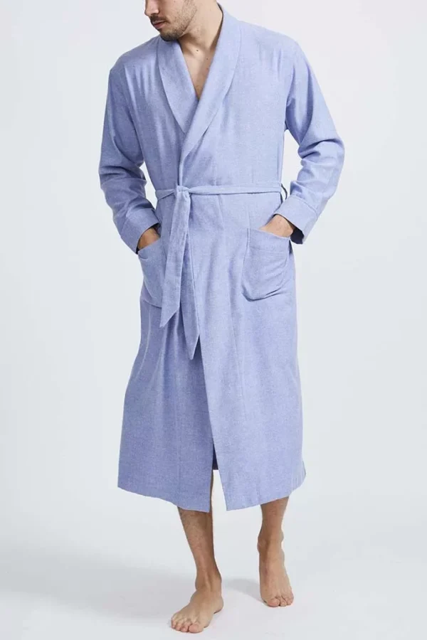 British Boxers Brushed Cotton Men's Dressing Gown in Blue Herringbone.