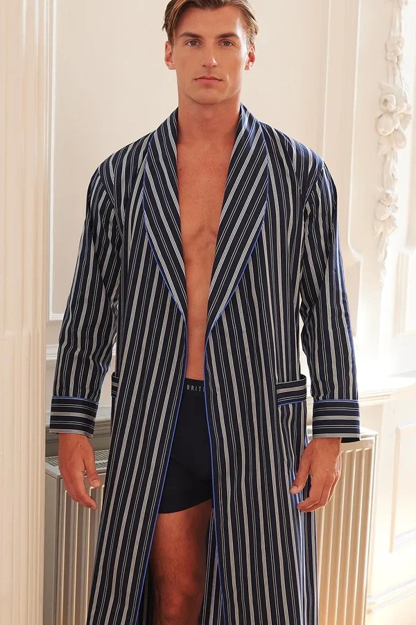 British Boxers Men's Dressing Gown in Navy & White Windsor Stripe