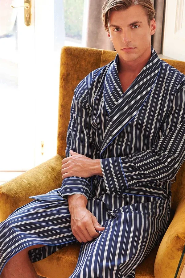 British Boxers Men's Dressing Gown in Navy & White Windsor Stripe