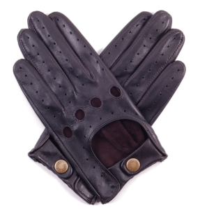 Image of black leather driving gloves with knuckle cut outs and wrist strap with popper,