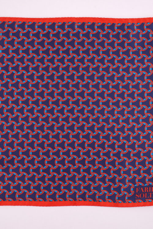 Fariba Soltani Silk Pocket Square Geometric Motif - Navy/Turquoise Arad