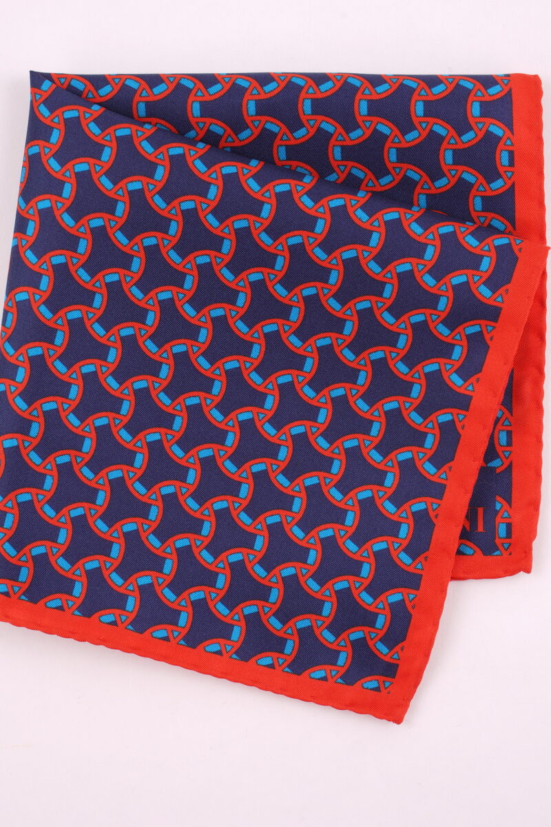 Fariba Soltani Silk Pocket Square Geometric Motif - Navy/Turquoise Arad