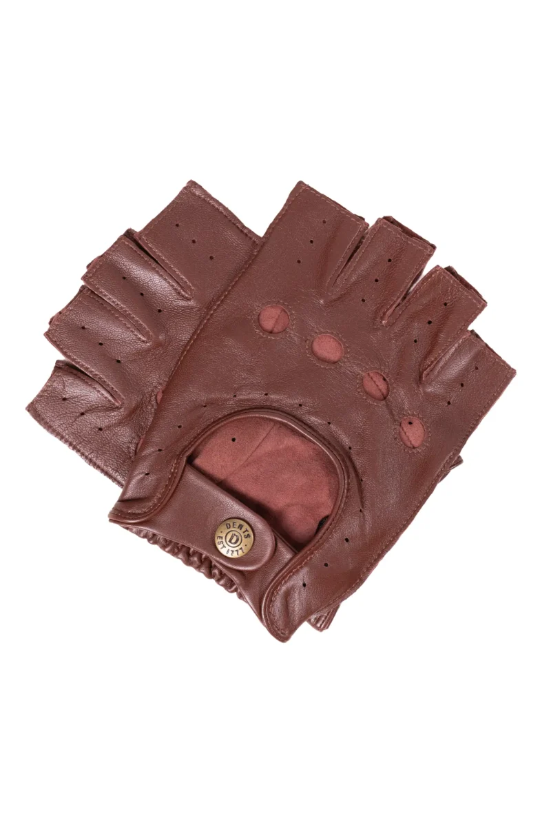 Dents Snetterton Fingerless Driving Gloves For Men in English Tan Leather showing back of hand cut-out and knuckle vents.