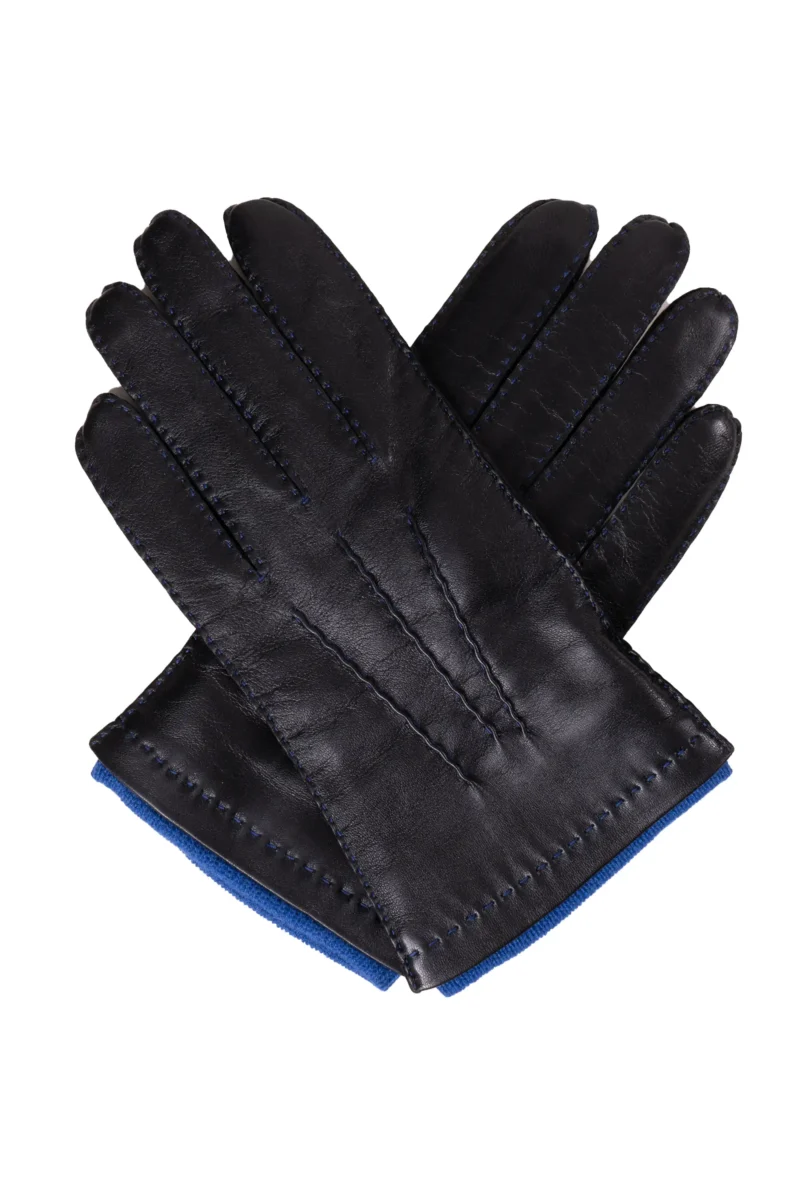 Dents Westminster Black Leather Gloves for Men With Royal Blue Cashmere Lining