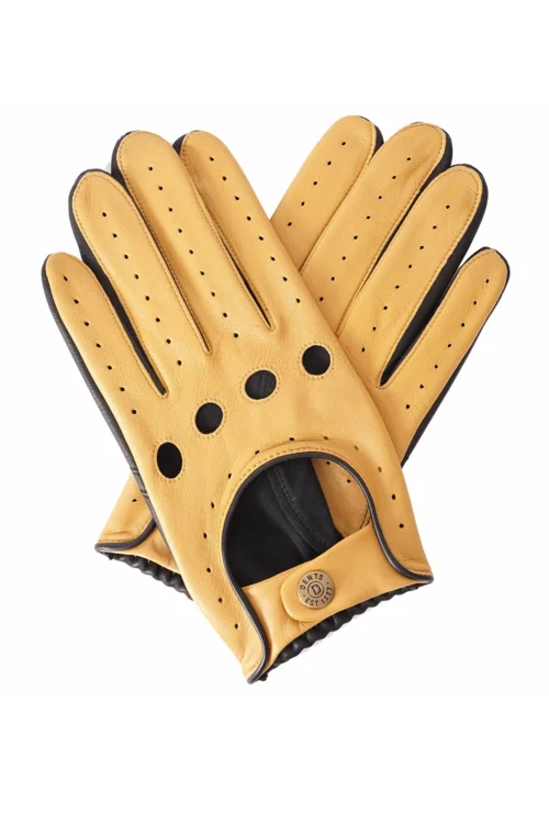 Dents Leather Driving Gloves with D shaped cut out on back. Cork and Black.