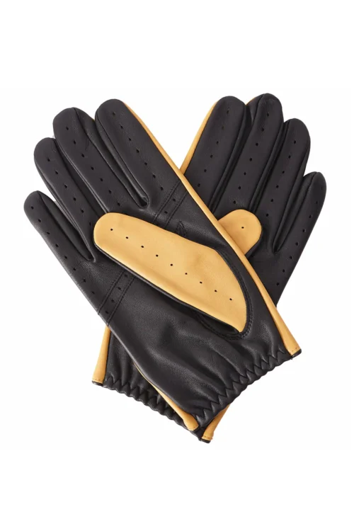 Dents Leather Driving Gloves with D shaped cut out on back. Cork and Black.