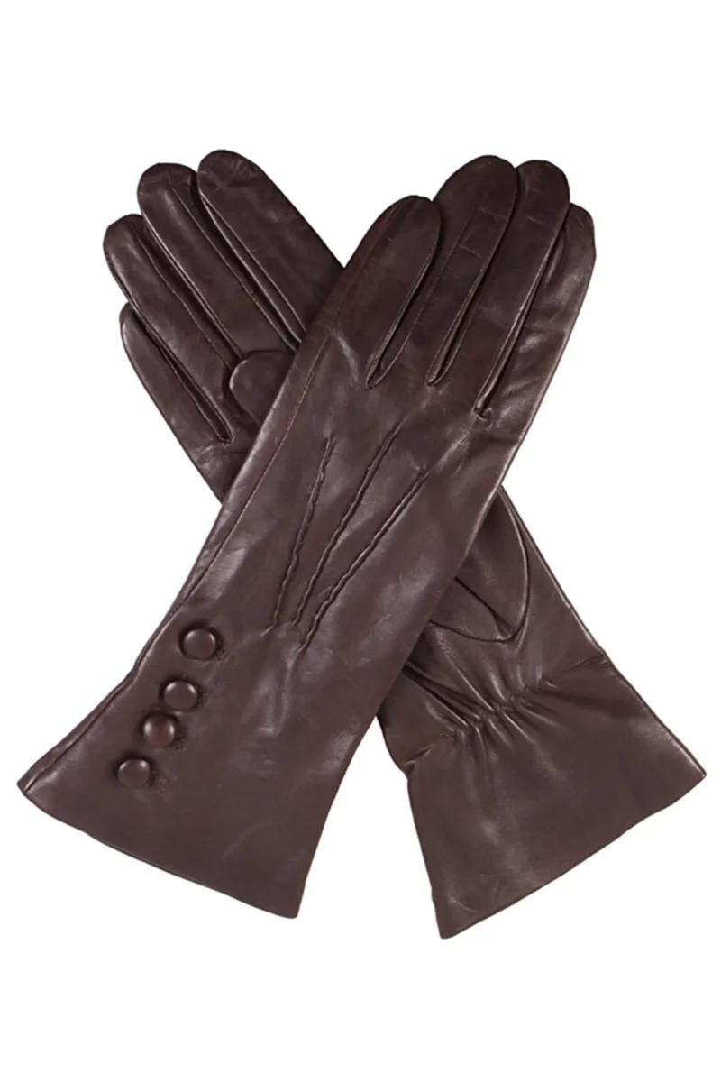 Dents Rose 7-2079 silk lined leather gloves in mocca. Back of Hand view.