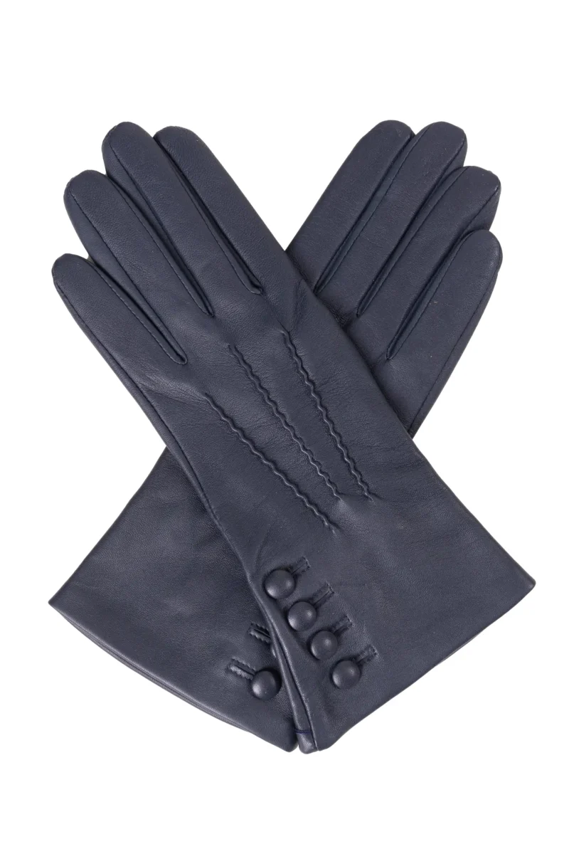 Ladies Dents Navy Blue Leather Gloves with Button Detail