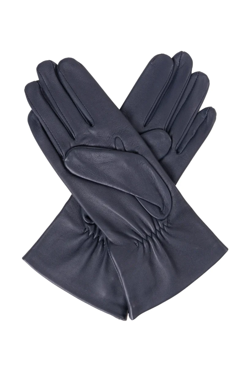 Ladies Dents Navy Blue Leather Gloves with Button Detail