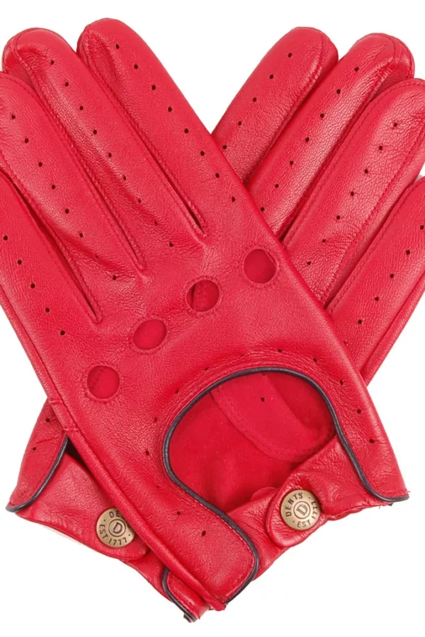 Image of Dents Delta Driving Glove in Berry Red with Black Piping, cut outs for knuckles and back of hand
