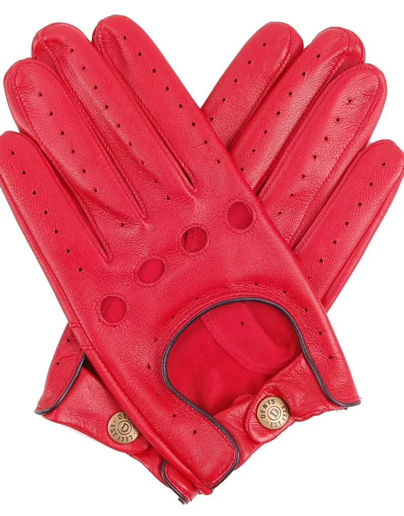 Image of Dents Delta Driving Glove in Berry Red with Black Piping, cut outs for knuckles and back of hand