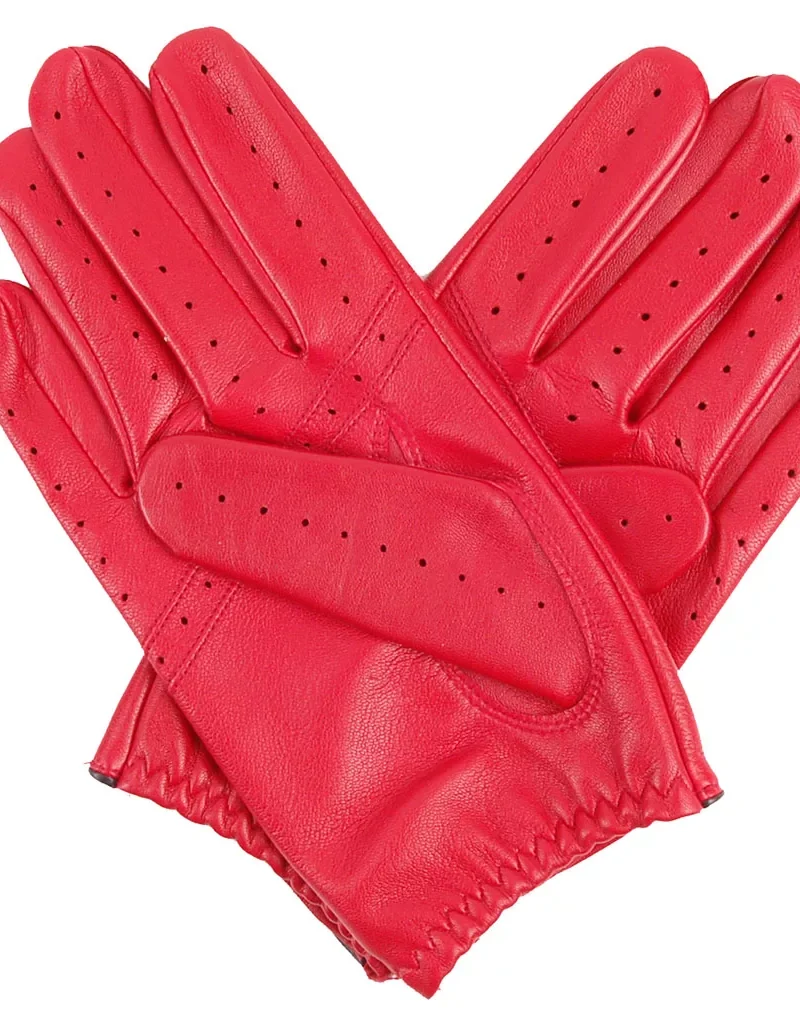 Image of Dents Delta Driving Glove in Berry Red with Black Piping, cut outs for knuckles and back of hand