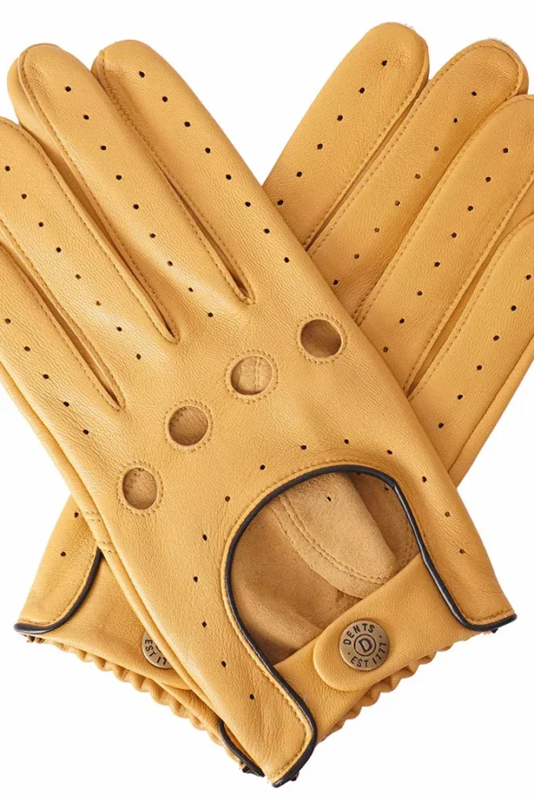 Dents Delta Driving Glove in Cork with Black Trim. Cut-outs for knuckles and back of hand. Fastens with poppered wrist strap.