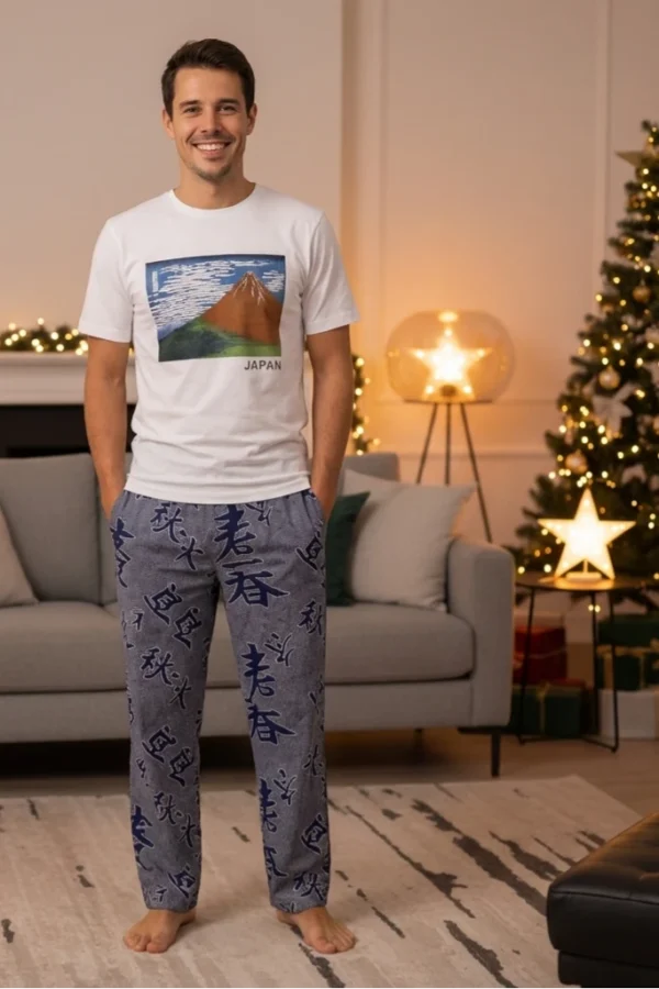 Lounge Pants in Japanese Four Seasons Print, Shown With White T-Shirt with Hokasai Mt Fuji Design