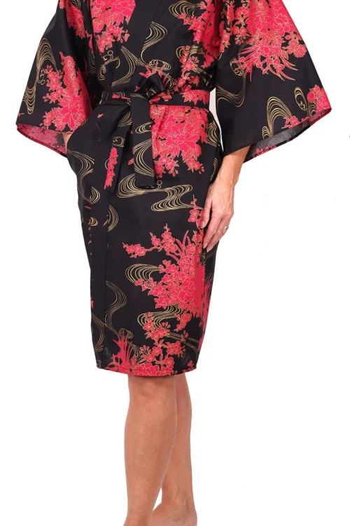 Schwarz Fließende Pfingstrose Damen Happi Kimono