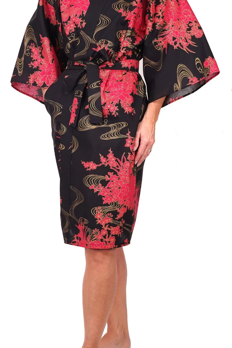 Schwarz Fließende Pfingstrose Damen Happi Kimono