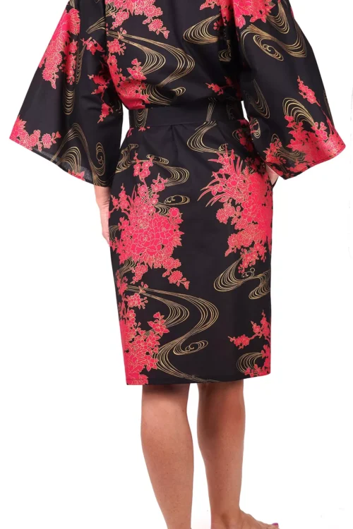 Schwarz Fließende Pfingstrose Damen Happi Kimono