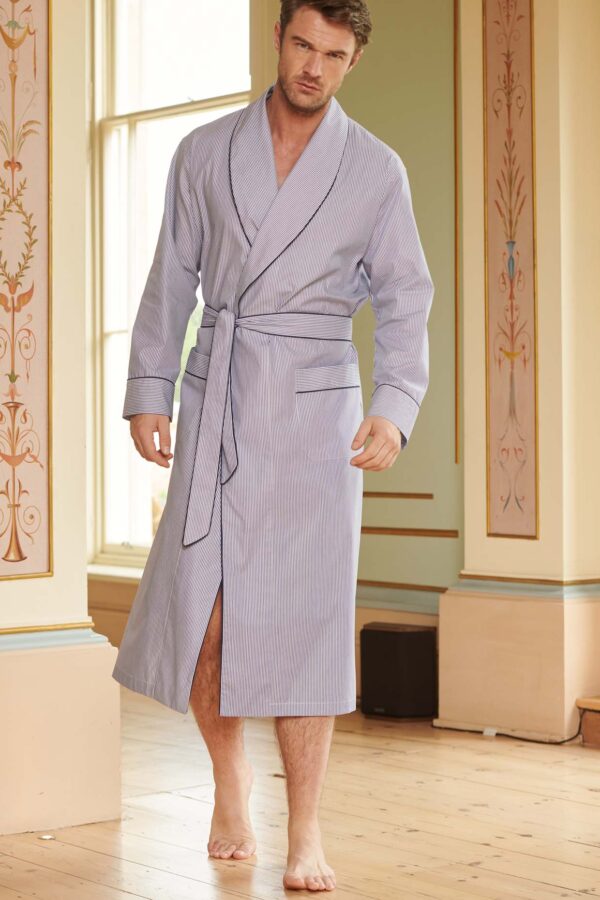Navy and White Pinstripe Men's Dressing Gown