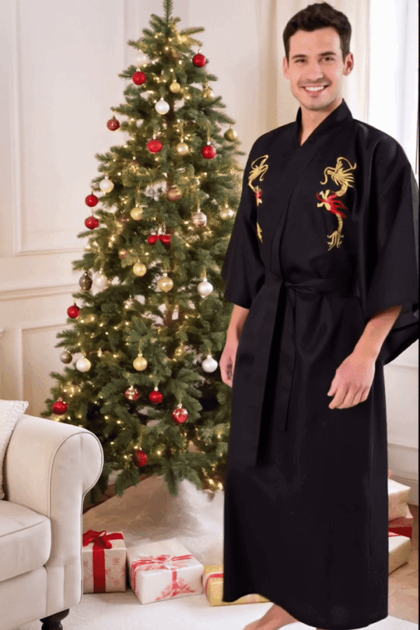 Front view of model wearing a black flare dragon male yukata kimono robe
