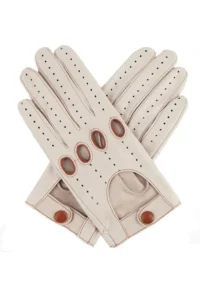 Ladies Beige Leather Driving Gloves with Tan Leather Trim