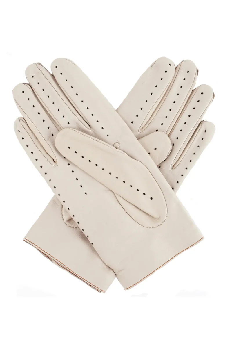 Ladies Beige Leather Driving Gloves with Tan Leather Trim