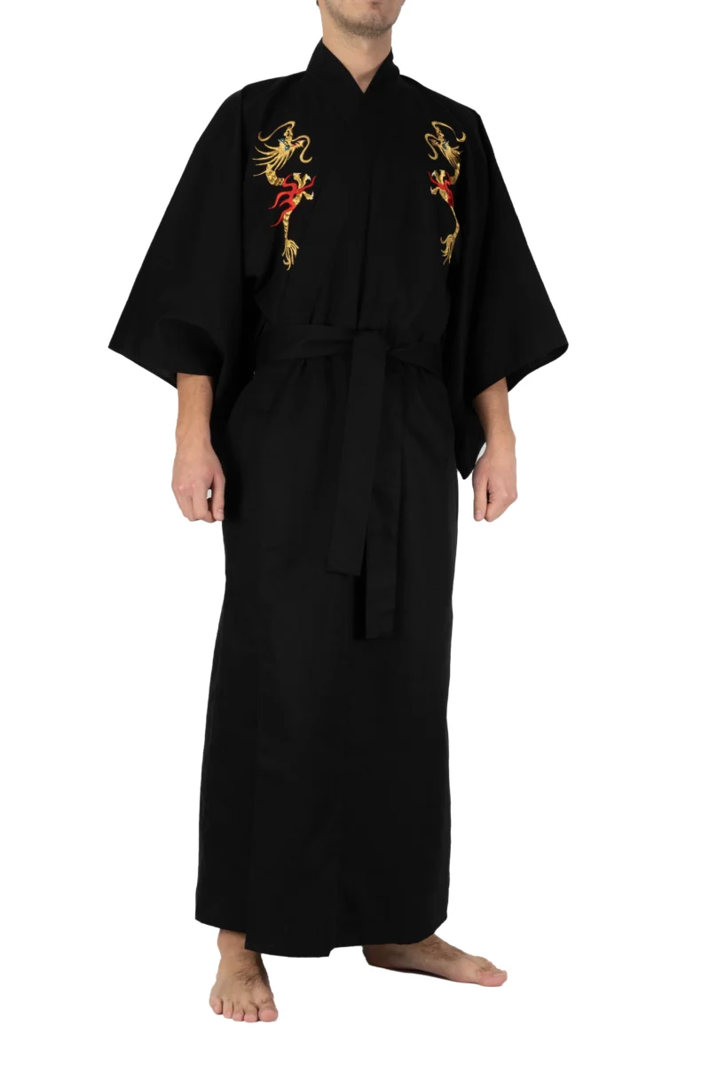 Front view of model wearing black flare dragon kimono