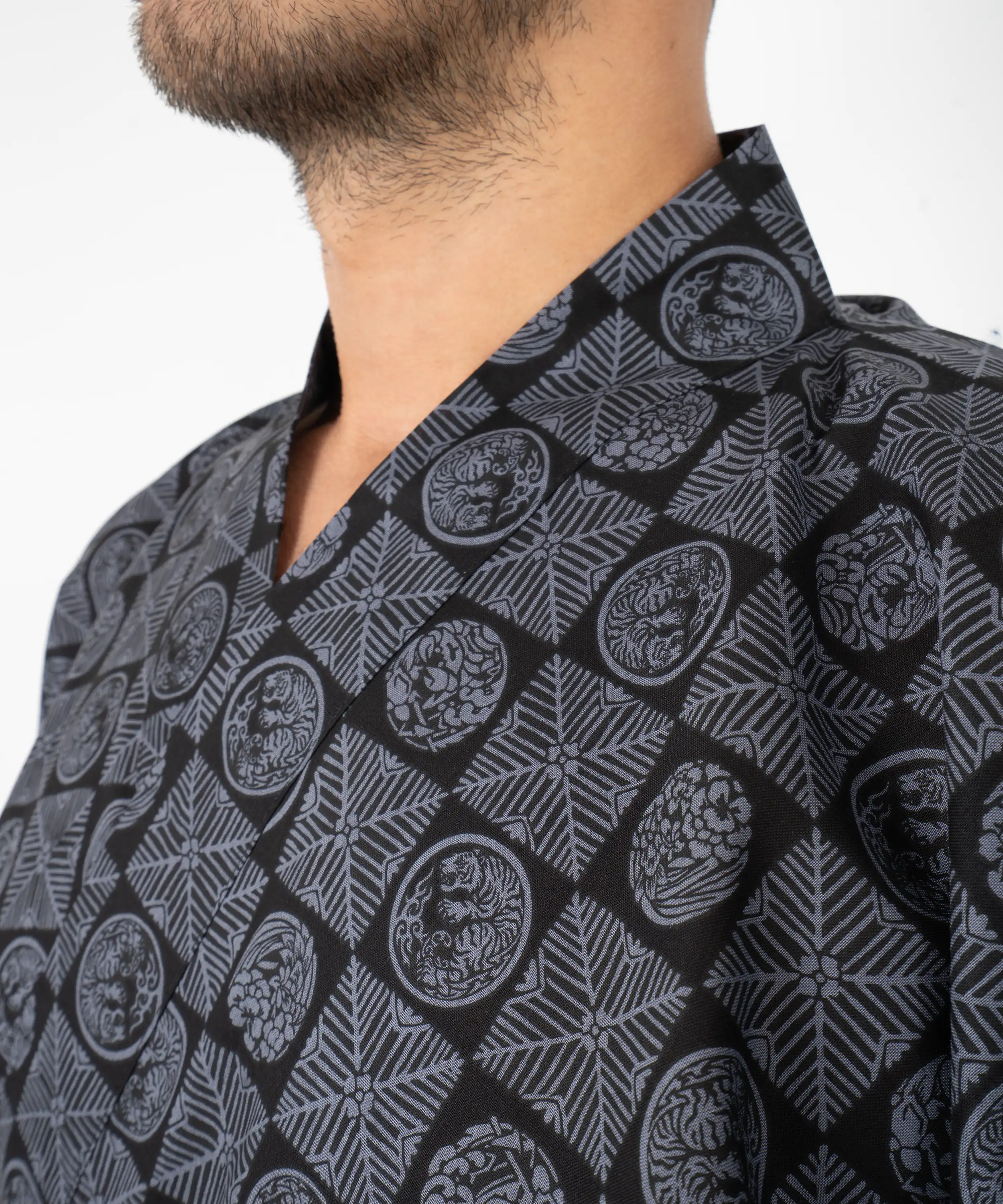 Men's Sleeping Tiger Happi Coat Kimono - Collar-Detail