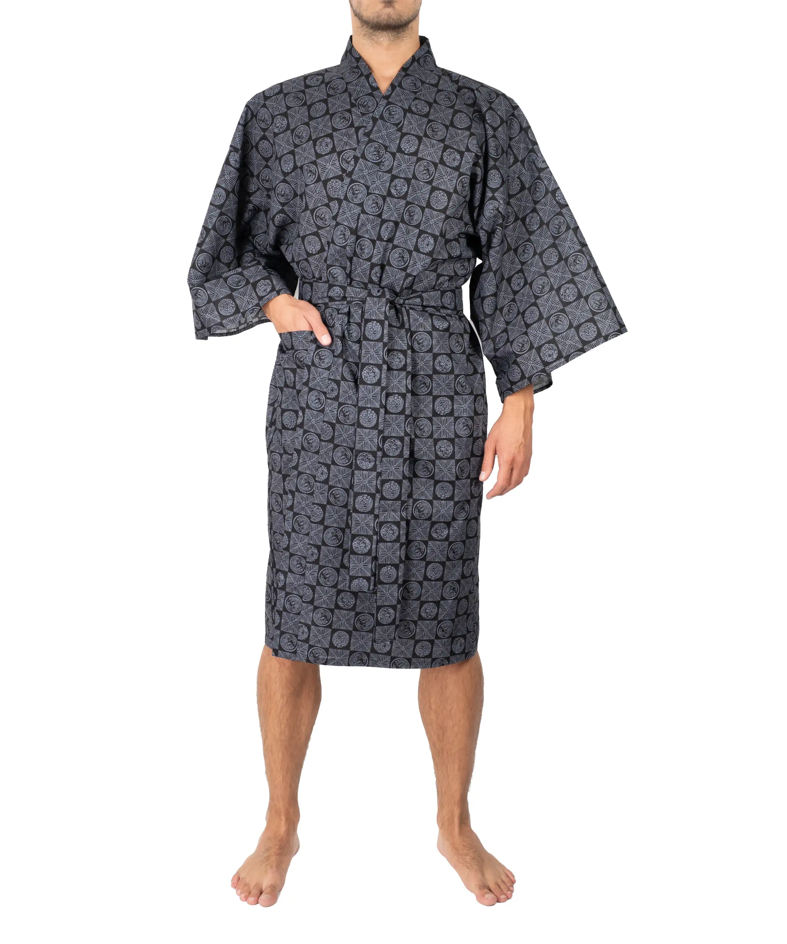 Men's Happi Coat Kimono - Sleeping Tiger - Black - Pocket Detail