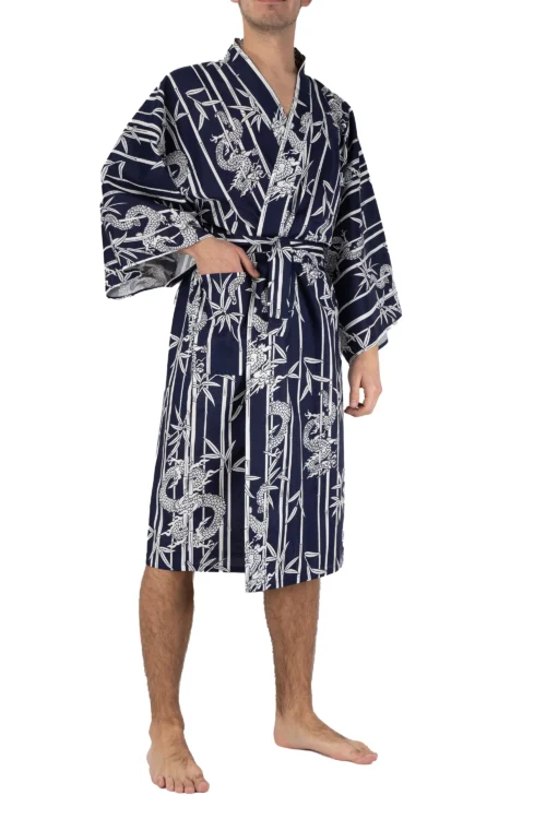 Marineblauer Bambus & Drache Happi Kimono für Männer