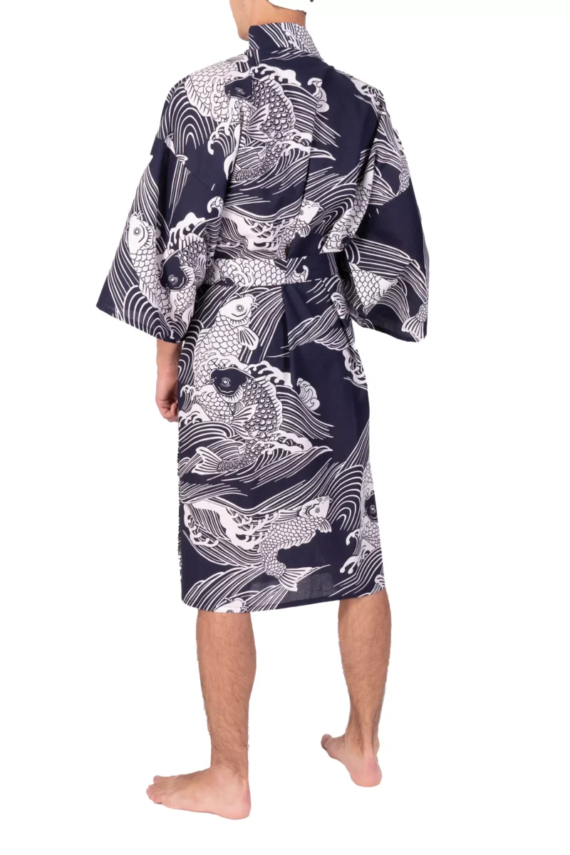 Model wearing Navy Carp Happi Kimono, back view