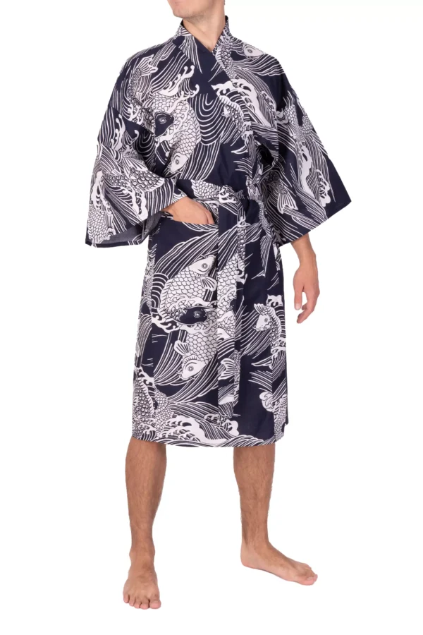 Model wearing Navy Carp Happi Kimono, front view