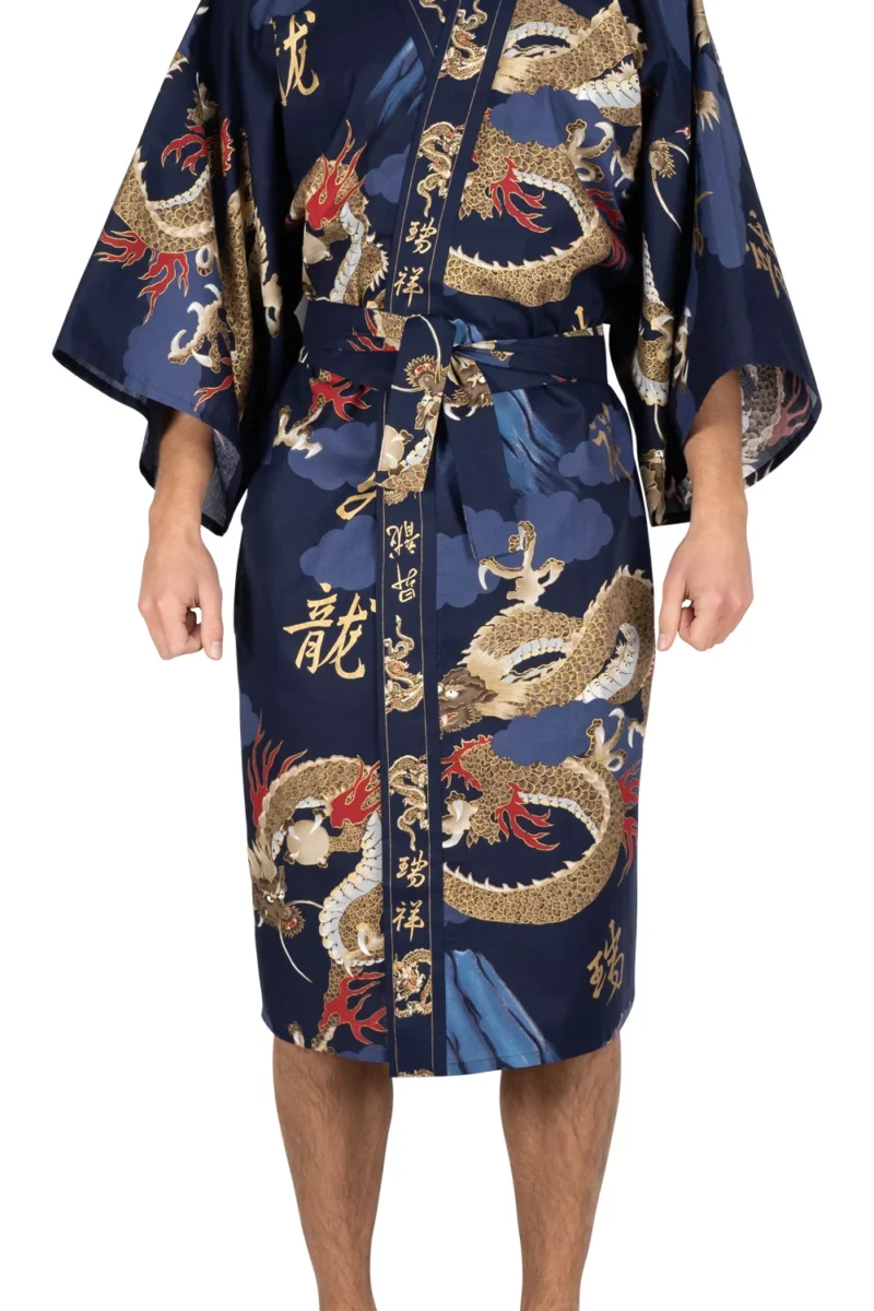 Kimono Happi pour hommes, Dragon et Fuji, bleu marine