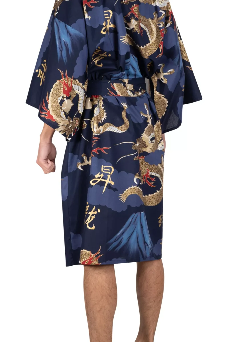 Kimono Happi pour hommes, Dragon et Fuji, bleu marine