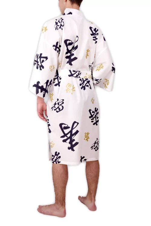 Rückenansicht eines Models, das einen Happy Longevity Happi Kimono trägt