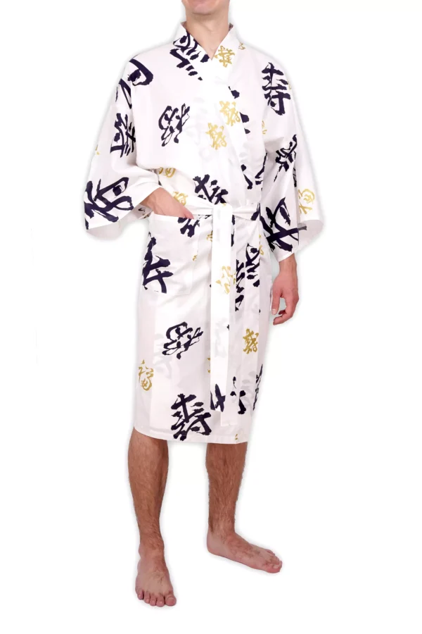 Front view of a model wearing a Happy Longevity Happi Kimono