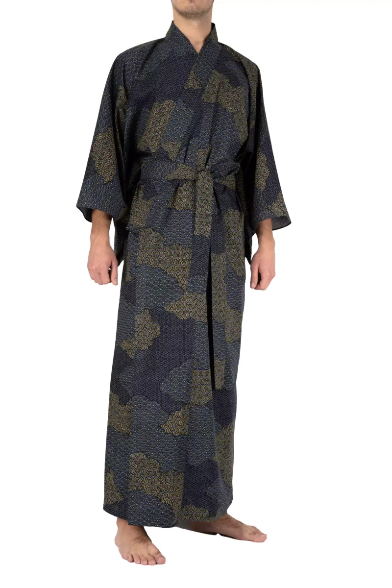 Model wearing Black Cloud Yukata Kimono, front view