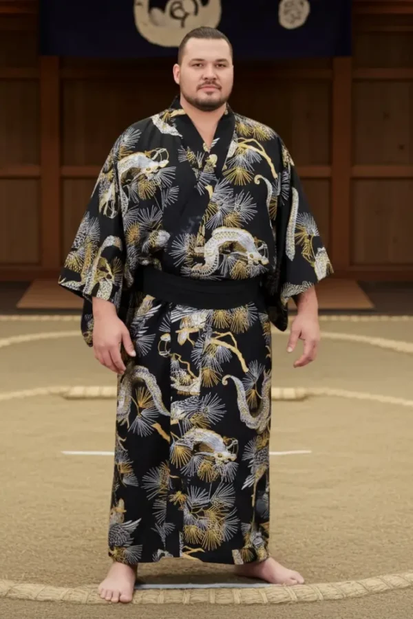 Sumo Size Men's Yukata in Black Dragon Print