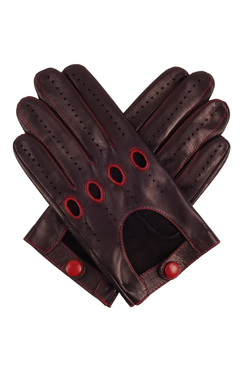 Mens Black Leather Classic Driving Gloves with Red Trim