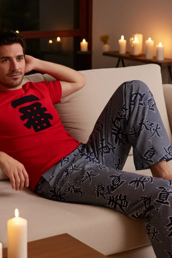 Lounge Pants with Japanese Four Seasons Kanji Print in Navy and White