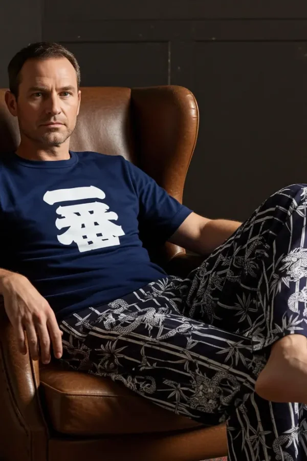 Lounge Pants in Navy and White Japanese Print