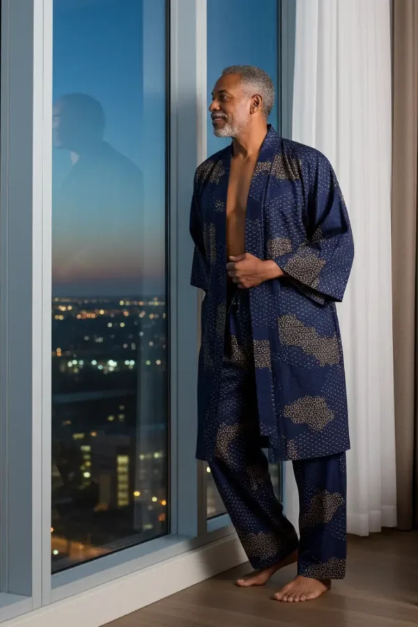 Lounge Pants in a Japanese Navy Cloud Print with a matching Short Kimono