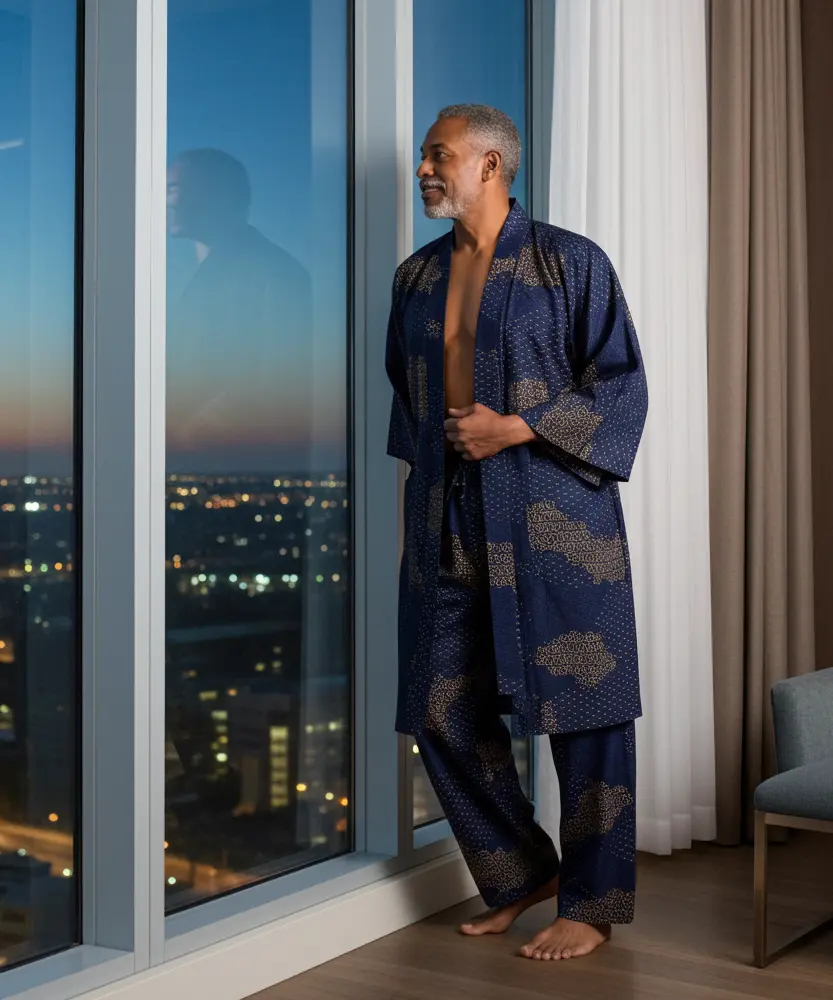 Lounge Pants in a Japanese Navy Cloud Print with a matching Short Kimono