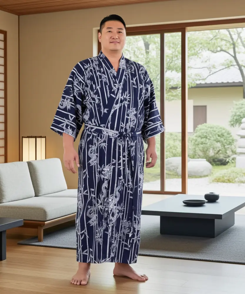 Japanese Yukata For Men in Bamboo and Dragon Print