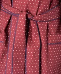 Belt fabric navy piping detail of model wearing tom dick and harry burgundy polka dot dressing gown