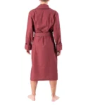 back view of model wearing tom dick and harry burgundy polka dot dressing gown