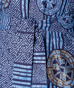 Fabric detail of ancient coins blue yukata kimono