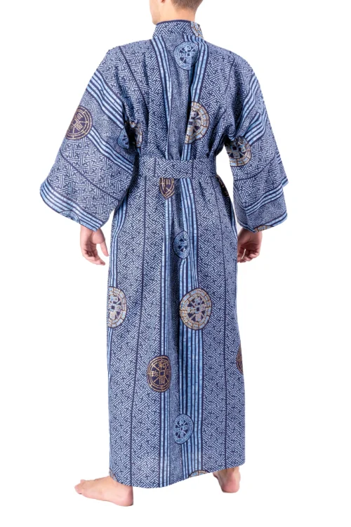 Model wearing ancient coins blue yukata kimono- back view